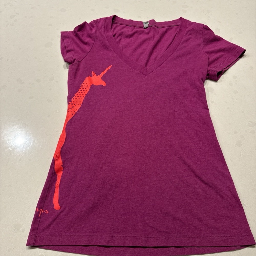 She Jumps Purple V-Neck T-Shirt with Orange Graphic